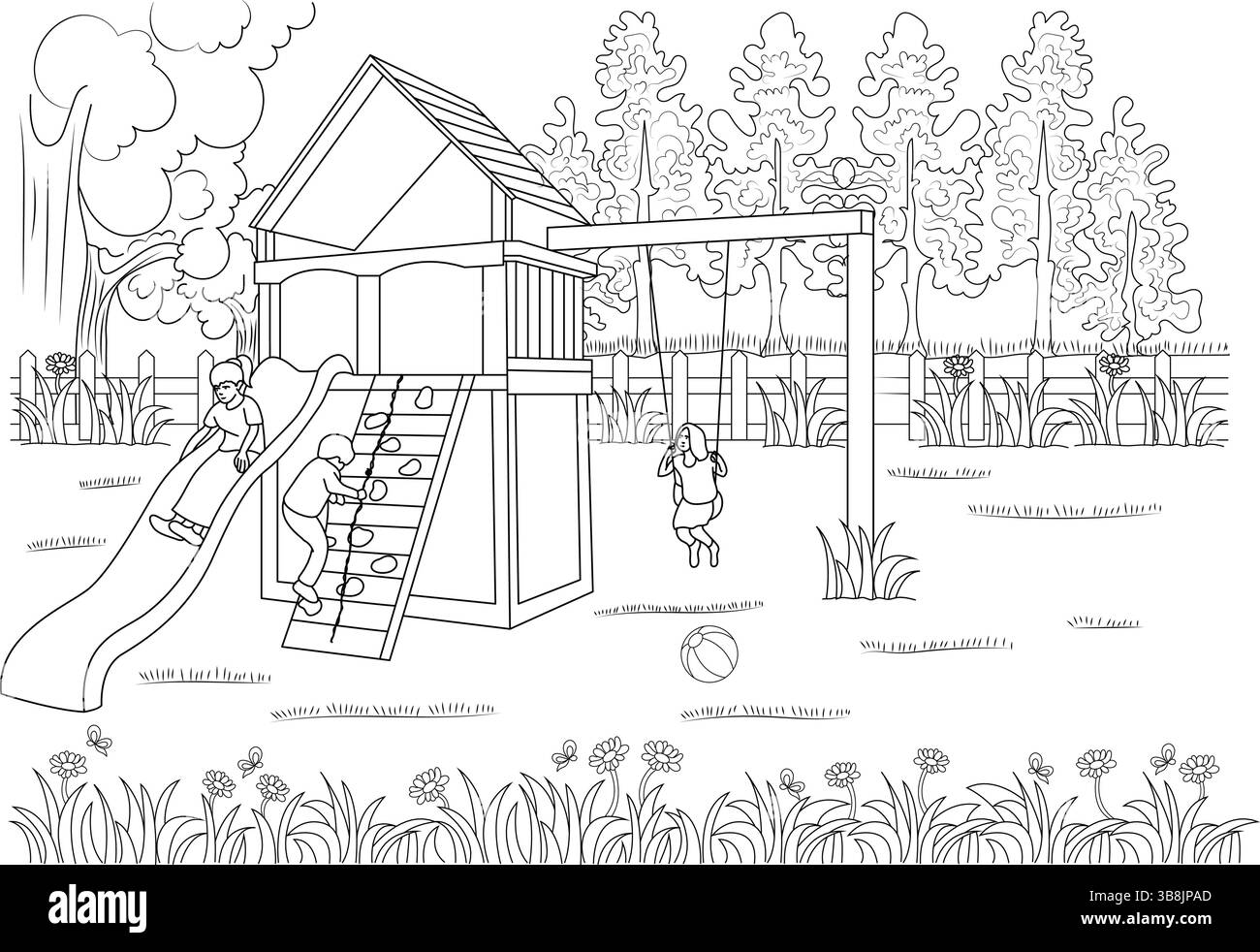 Linee bianche e nere che illustrano i bambini che giocano su una struttura di arrampicata in un parco. Un bambino scivola giù, un altro sale sulla la Illustrazione Vettoriale