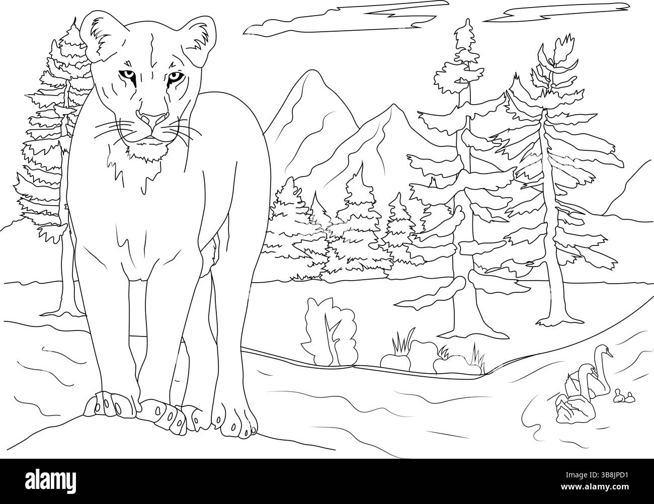 Un disegno in bianco e nero con un giovane leone in piedi su una collina che si affaccia su un paesaggio naturale con montagne, alberi, acqua e sw Illustrazione Vettoriale