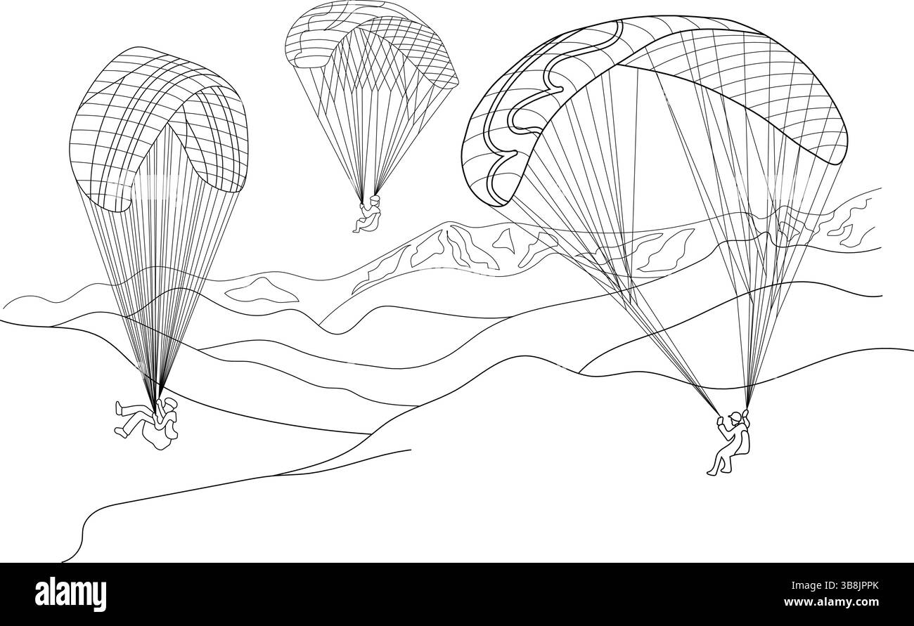 Semplice illustrazione in linea raffigurante tre parapendio che si innalzano nell'aria sopra un paesaggio montuoso. Ideale per temi legati all'avventura, Illustrazione Vettoriale