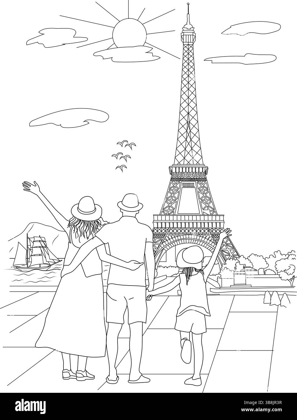 Illustrazione minimalista in linea bianca e nera di una famiglia (genitori e bambini) che guarda l'iconica Torre Eiffel a Parigi. PE Illustrazione Vettoriale