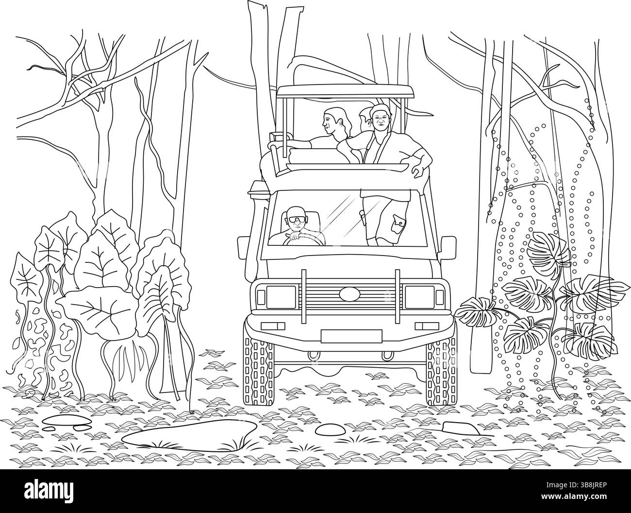 Illustrazione in bianco e nero che raffigura un gruppo di persone che si divertono in un'emozionante avventura safari nella giungla, esplorando la foresta selvaggia e la natura Illustrazione Vettoriale