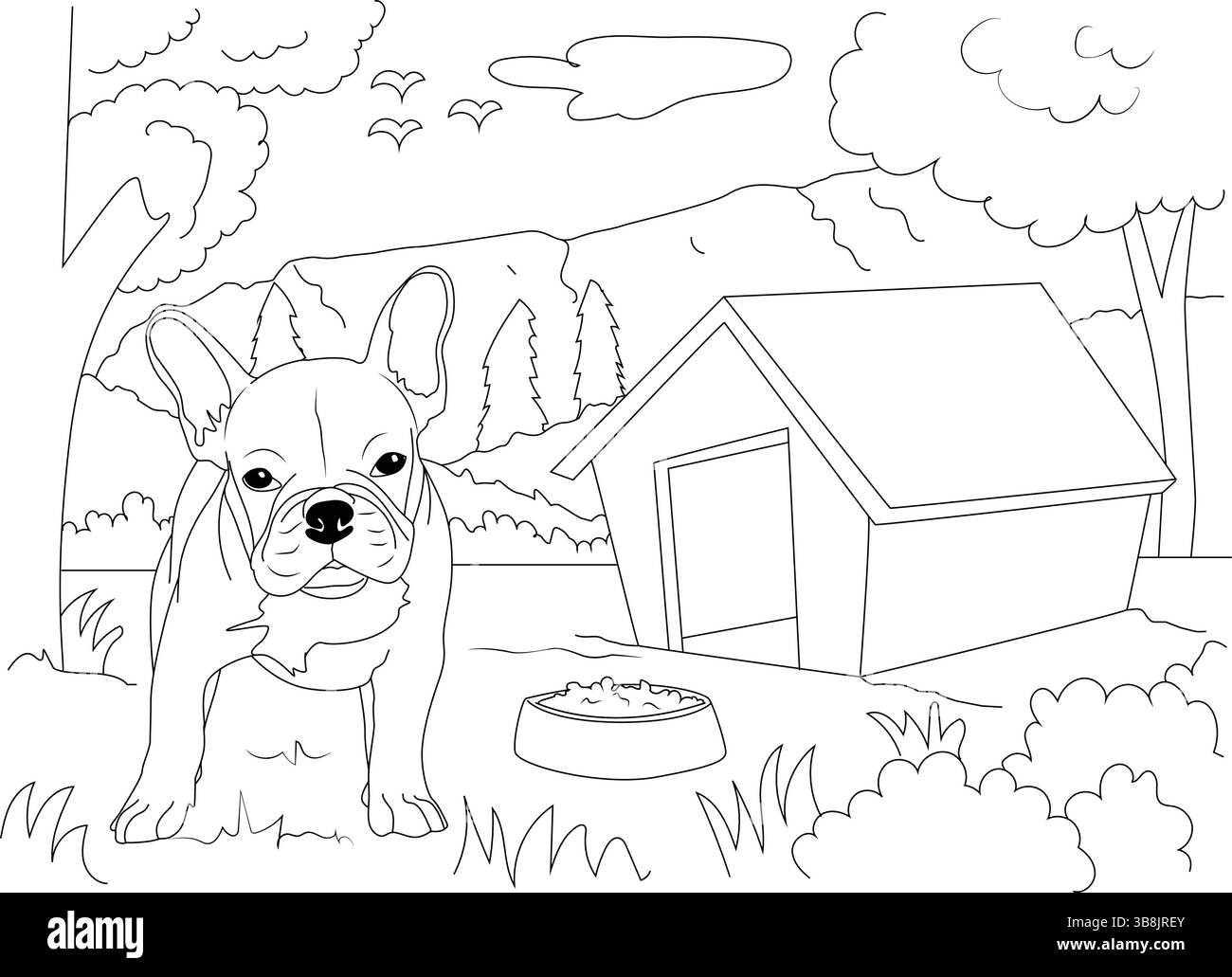 Illustrazione line art per colorare un simpatico cucciolo di Bulldog francese seduto fuori dalla sua casa per cani con una ciotola in un cortile o in giardino con un albero Illustrazione Vettoriale