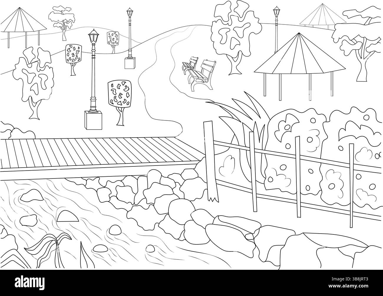 Semplice illustrazione in bianco e nero che raffigura una scena tranquilla in un parco pubblico. Le caratteristiche includono un sentiero tortuoso, panchine del parco, alberi, lampade Illustrazione Vettoriale