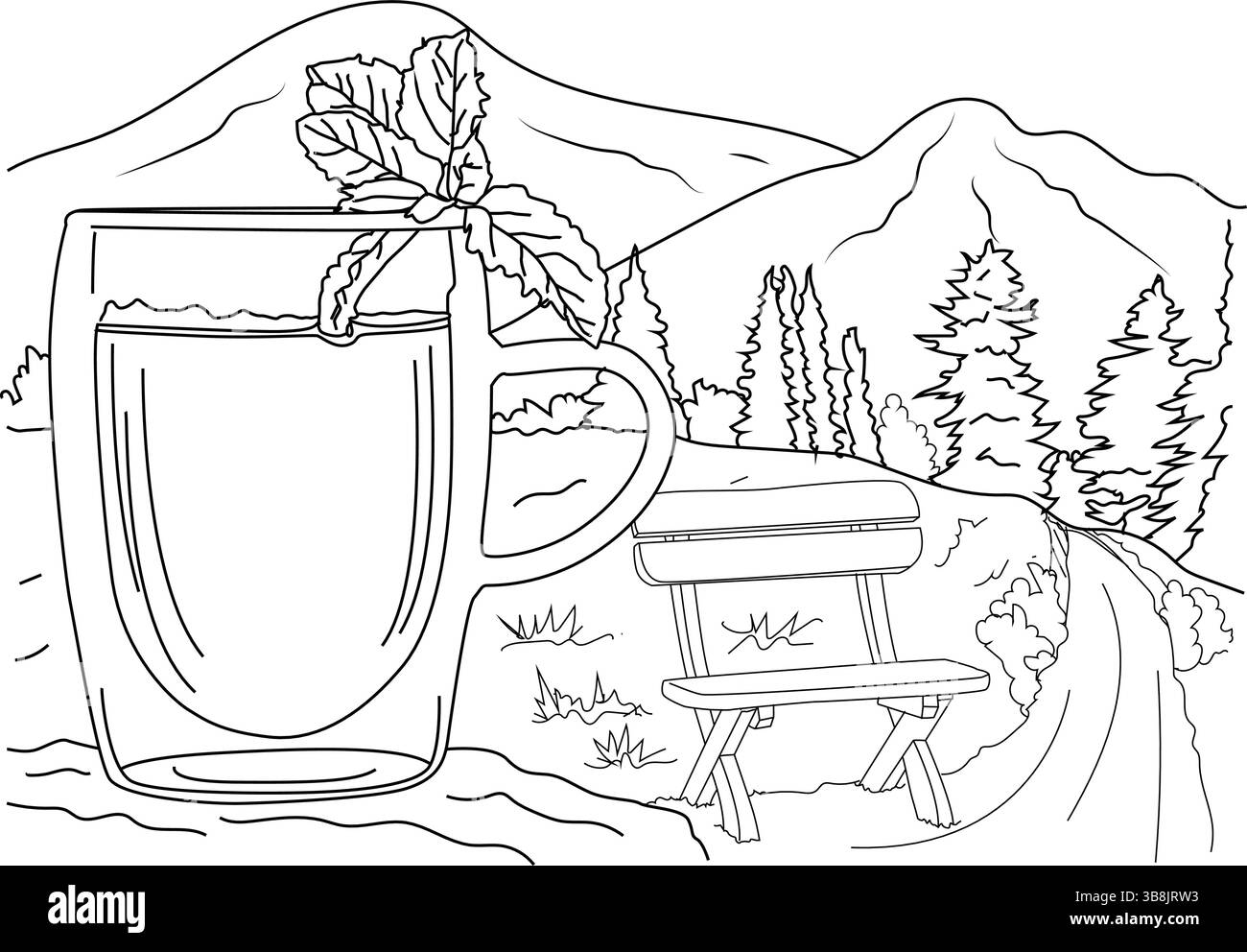 Illustrazione a linee di una tazza da tè fumante con una foglia di menta, adagiata su uno sfondo panoramico di montagne, alberi e una panchina su una collina. Ideale per co Illustrazione Vettoriale