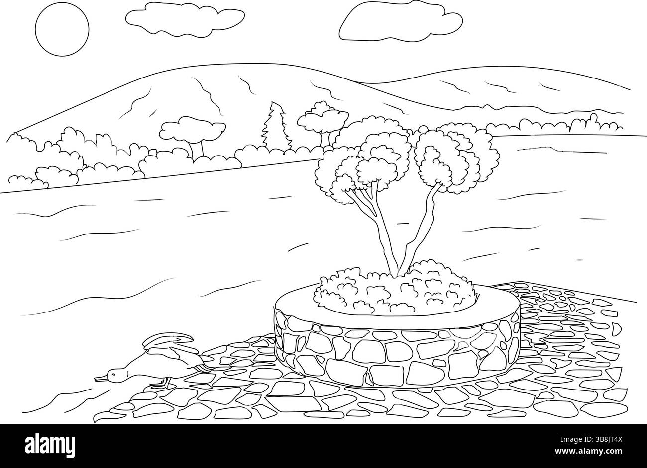 Disegno in bianco e nero di un'anatra in piedi su una sponda di pietra con una piantatrice. Lo sfondo mostra un paesaggio con alberi, colline, nuvole, un Illustrazione Vettoriale