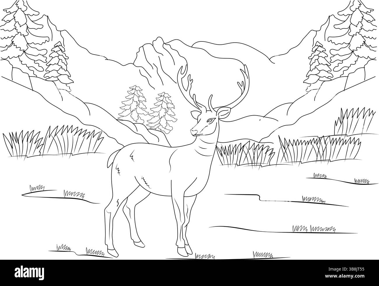Disegno in bianco e nero di un cervo con corna in piedi in un paesaggio di foresta o montagna. Adatto per colorare libri, illustrazioni e design Illustrazione Vettoriale
