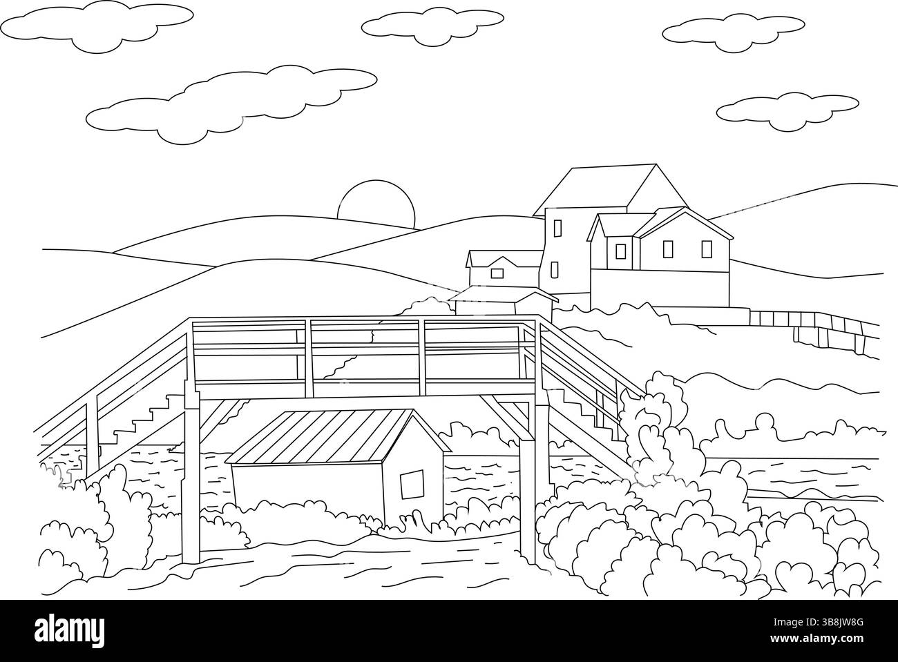 Illustrazione in linea bianca e nera che raffigura case su una collina che si affaccia su un fiume. Presenta una struttura a ponte o a molo, vegetazione circostante, Illustrazione Vettoriale