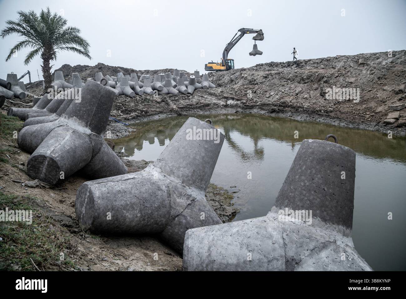 17 febbraio 2023, Kolkata, Bengala Occidentale, India: 17 febbraio, 2023 : i blocchi di cemento vengono utilizzati per fare buoni terrapieni sull'isola di mousuni. Tuttavia, la ricerca rivela la loro perturbazione ecologica e vulnerabilità ai cicloni. Nel 2019 furono costruiti 5.000 metri di nuovi argini. Ma la demarcazione fissa assunta da scontri concreti con il confine dinamico terra-acqua nella regione del delta, facendo più danni che benefici. La pianificazione costiera manca di priorità e di partecipazione pubblica, esemplificata da riforme che favoriscono lo sviluppo rispetto alla protezione delle mangrovie. Questo approccio dall'alto verso il basso non tiene conto del 90% dei rappresentanti pubblici Foto Stock
