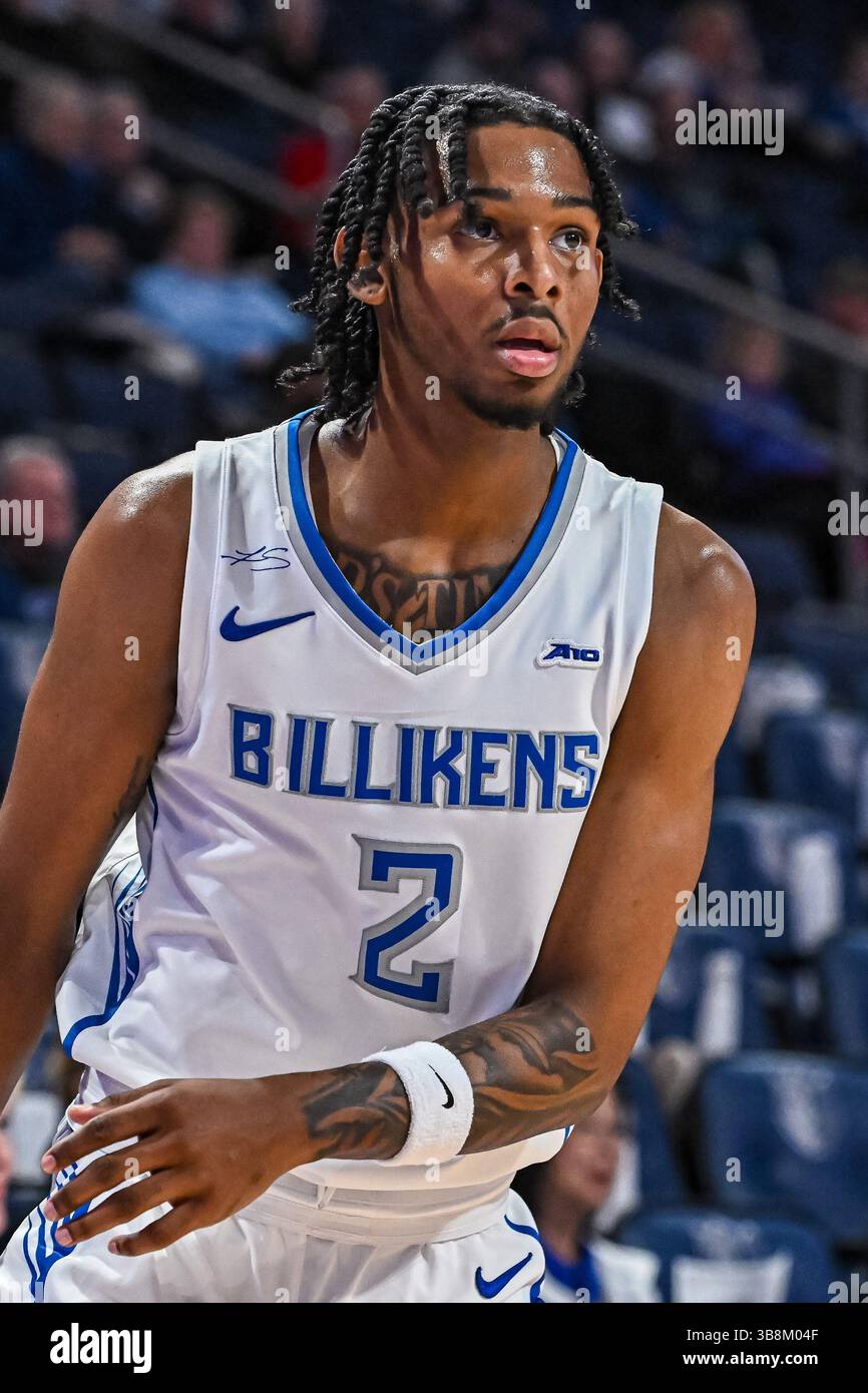 29 OTTOBRE 2023: La guardia di Saint Louis Billikens Larry Hughes Jr. (2) in un gioco espositivo dove i Berea College Mountaineers visitarono i St. Louis Billikens. Tenuto alla Chaifetz Arena di St. Louis, Missouri domenica 29 ottobre 2023 Richard Ulreich/CSM (Credit Image: Foto Stock