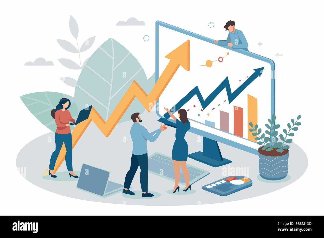 Il team celebra la crescita aziendale con grafici di tendenza al rialzo sul successo collaborativo su grande schermo moderno Illustrazione Vettoriale