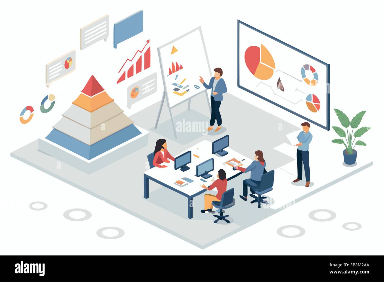 Team che collabora a grafici di analisi dei dati, pianificazione strategica in un ambiente di ufficio moderno Illustrazione Vettoriale