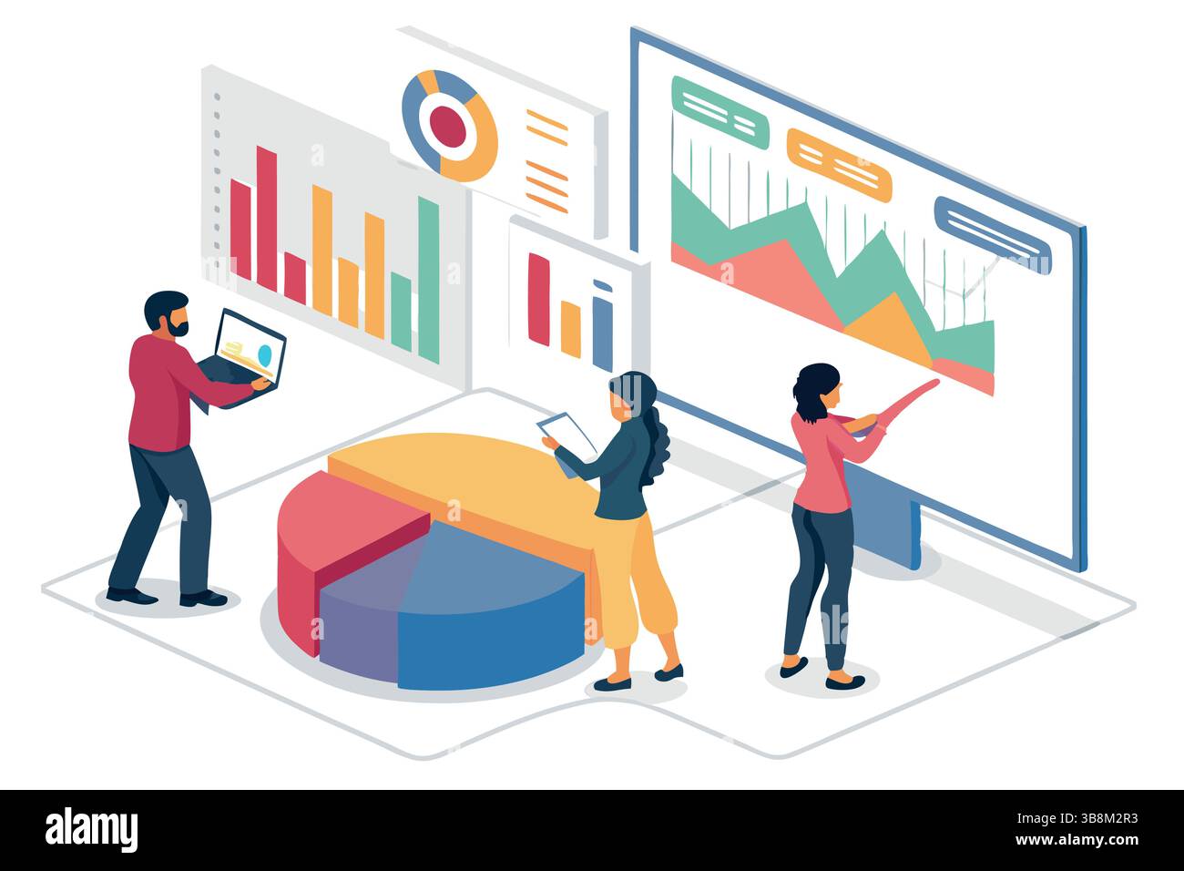 Team aziendale che analizza dati grafici rapporti moderni spazi di lavoro con grafica colorata Illustrazione Vettoriale