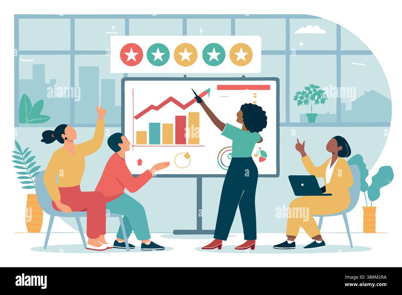 Brainstorming di team di soluzioni innovative che analizzano grafici di tendenza verso l'alto per raggiungere il successo aziendale Illustrazione Vettoriale