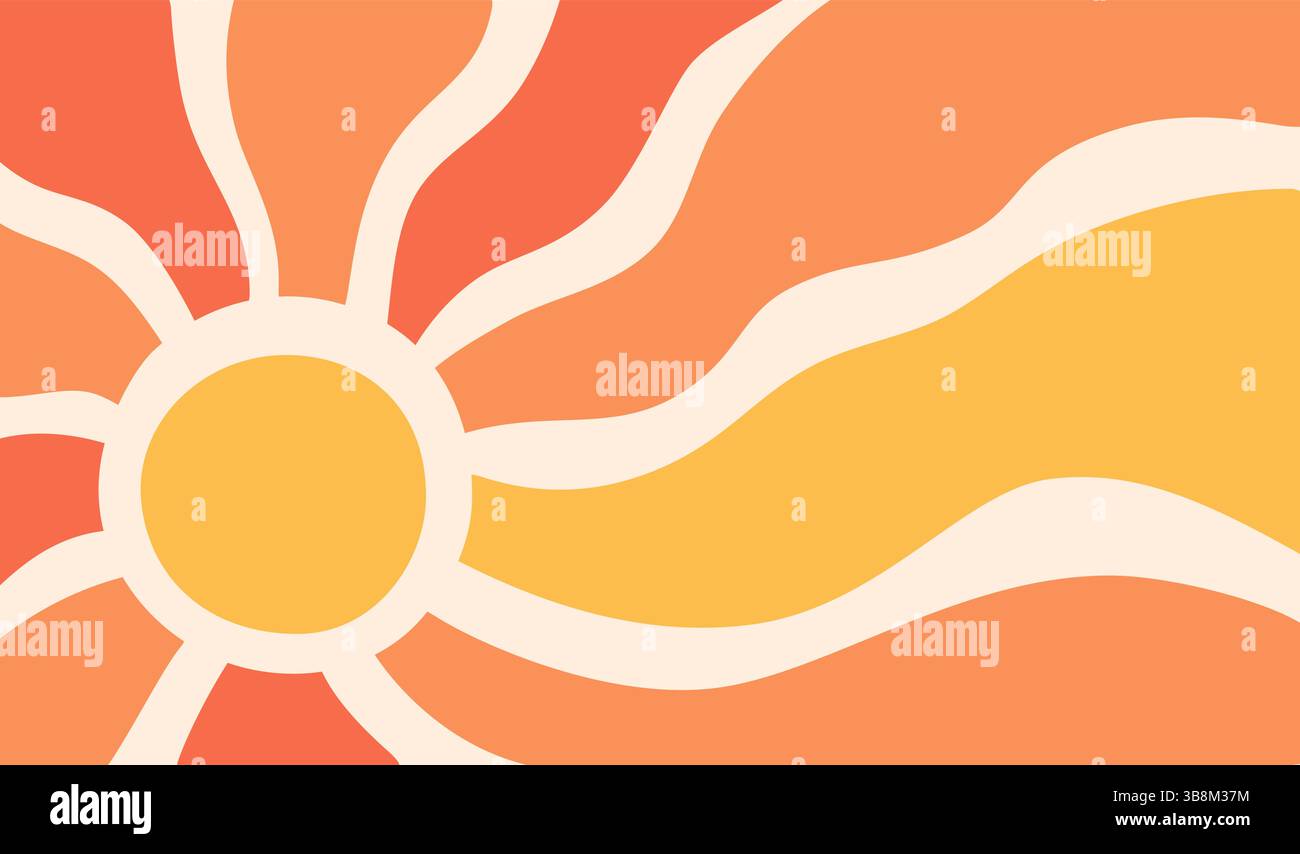 Raggi del sole giallo sfondo psichedelico. Raggi ondulati in stile gotico. Poster abstract Sun burst. Consistenza psichedelica. design anni '70, '80. Linee d'onda radiali Illustrazione Vettoriale