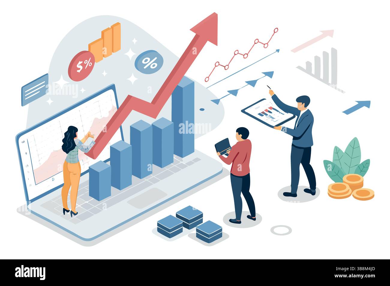Strategia di crescita aziendale team che analizza i grafici di dati lo schermo del notebook visualizza grafici di tendenza verso l'alto Illustrazione Vettoriale