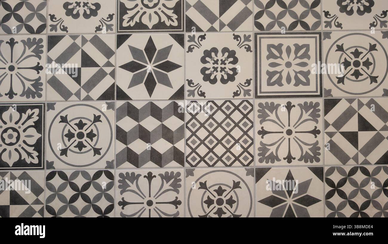 sfondo grigio ornato design retro portoghese grigio piastrelle decorative azulejos nero bianco texture vintage piastrelle Foto Stock