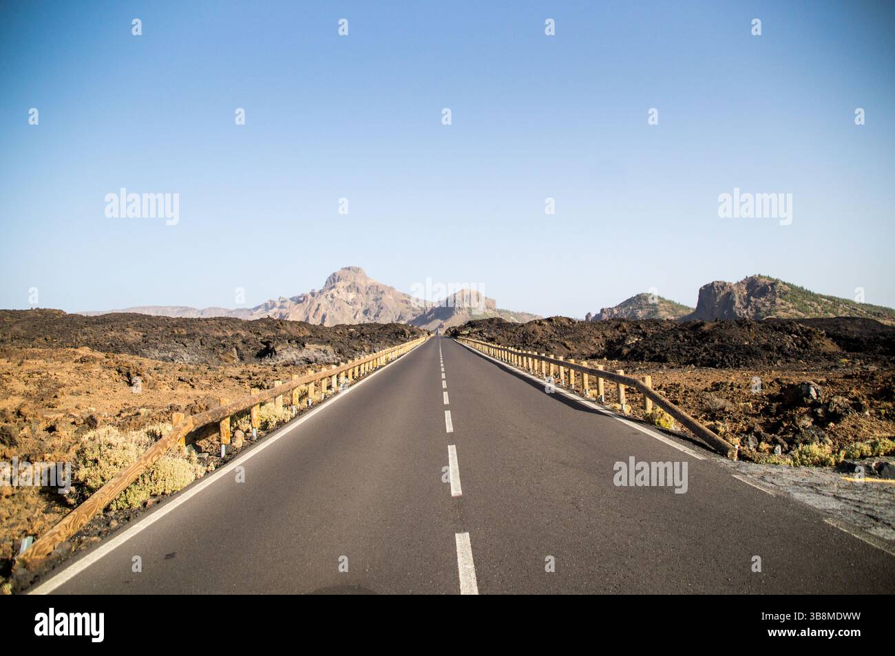 Fotografie di paesaggi di una strada infinita in un ambiente vulcanico sull'isola di Tenerife Foto Stock