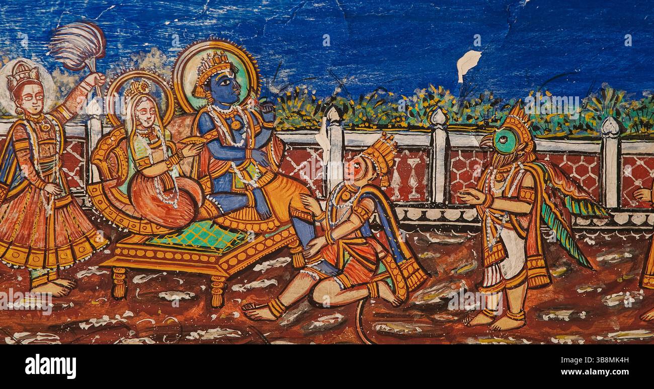 Pareti dipinte in vecchio stile. Affreschi sul muro del tempio Hanuman a Jaipur, India. Sono dipinti motivi religiosi della vita di Hanuman. Scimmia come Deity, figlio di Foto Stock