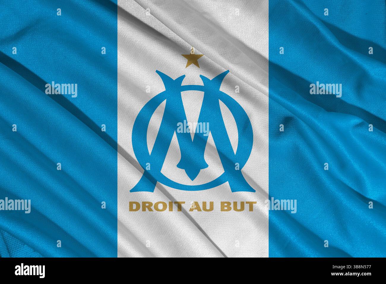 Pringsewu, Lampung 8 maggio 2025; squadra francese di calcio Marsiglia bandiera logo a onda sfondo texture. Illustrazione 3D. Foto Stock
