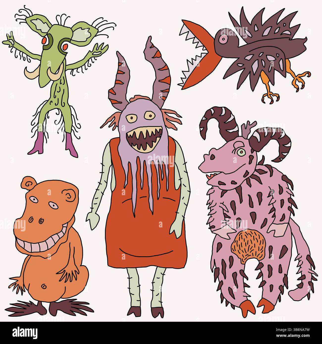 Illustrazione surreale con mostri colorati in stile cartoni animati. Illustrazione Vettoriale