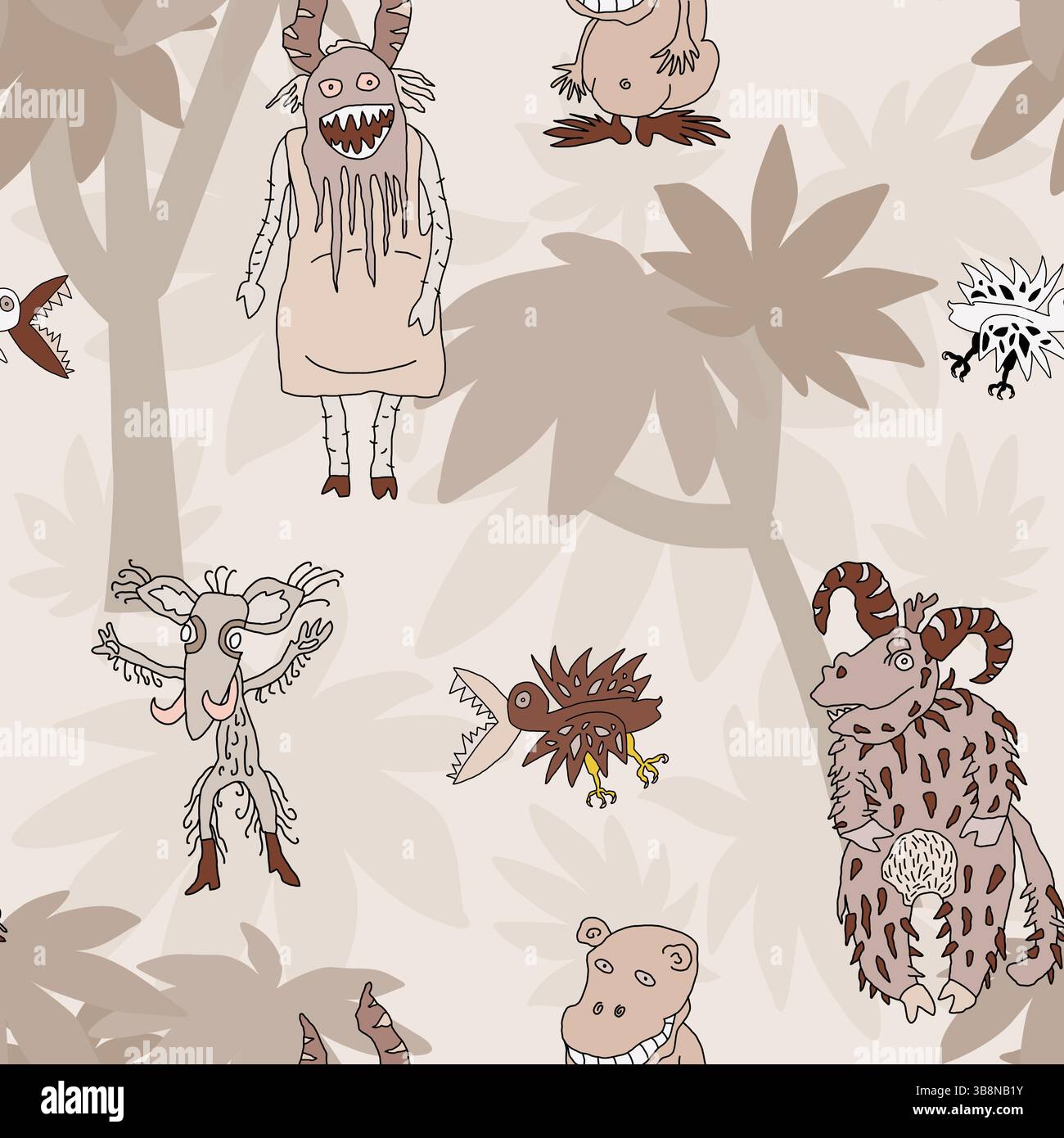 Pattern senza cuciture con stravaganti mostri in stile cartoni animati in tonalità tenui sullo sfondo di un fogliame astratto della giungla Illustrazione Vettoriale