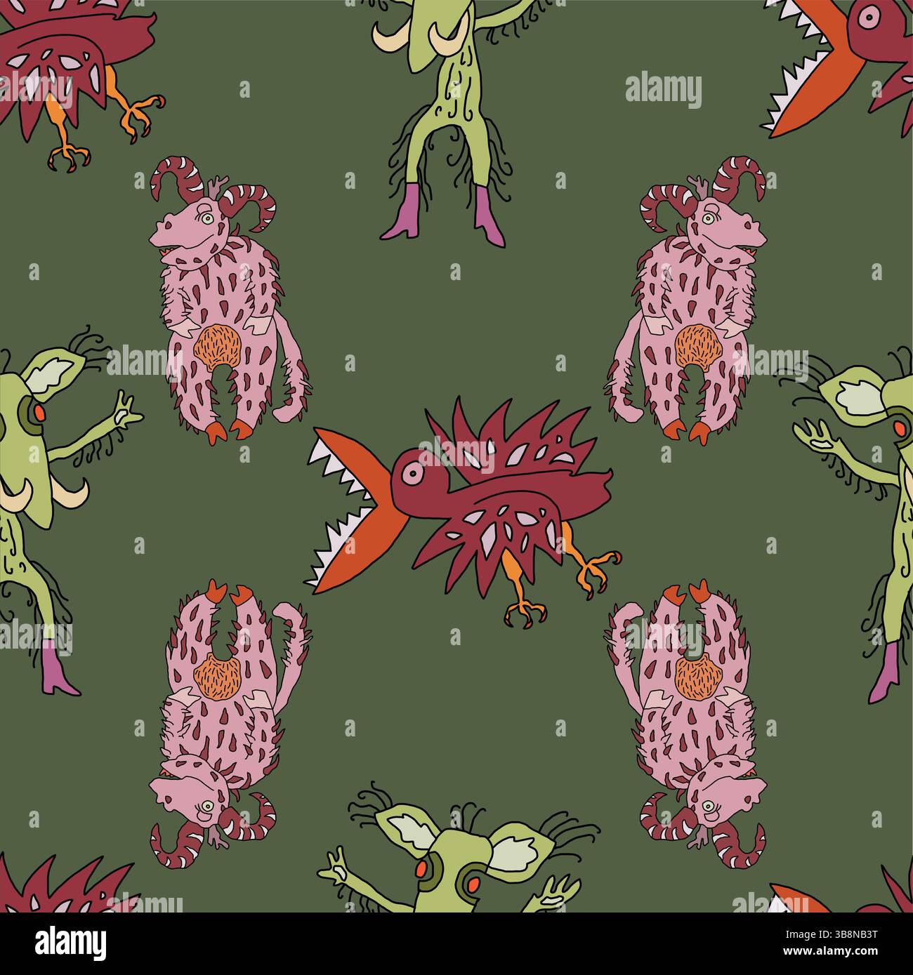 Motivo senza cuciture con stravaganti mostri in stile cartoni animati su sfondo verde scuro. Illustrazione Vettoriale
