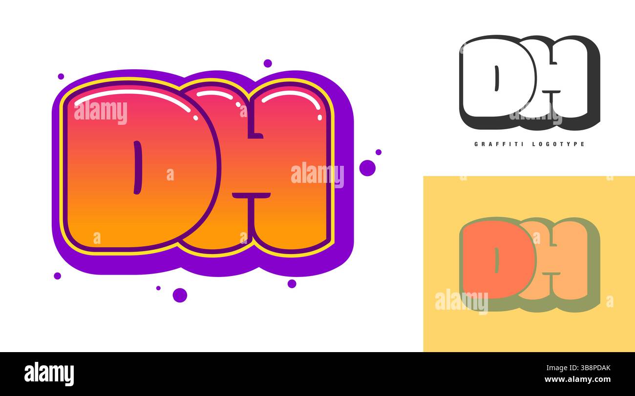 Design del logo DH per festival o feste. Lettere iniziali d e h in stile graffiti. Testo moderno creativo nome dell'azienda tipografia dei font. I bambini sono alla moda Illustrazione Vettoriale