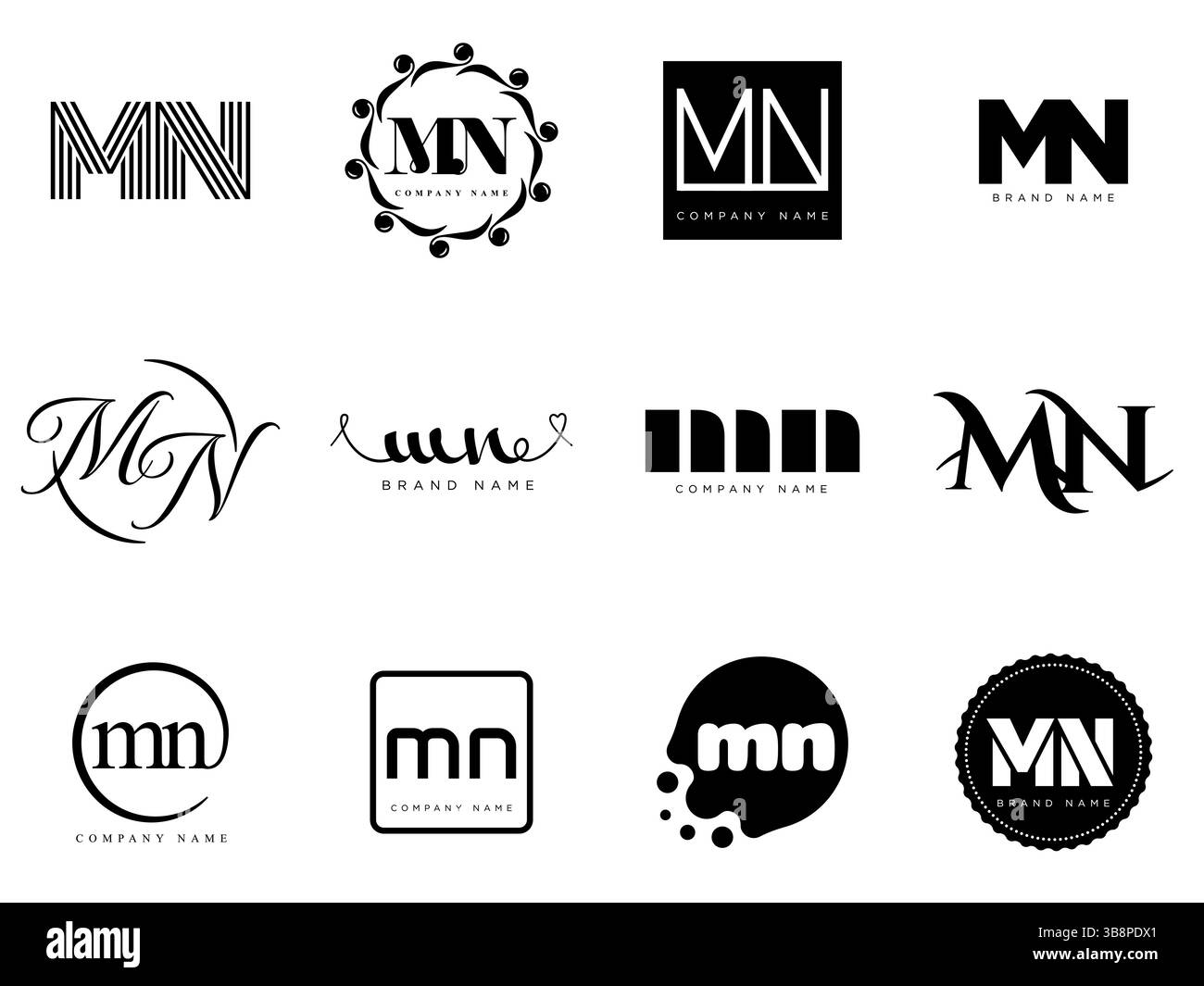 Modello aziendale con logo MN. Logotipo delle lettere m e n. Imposta diverse lettere serif classiche e testo moderno in grassetto con elementi di design. Tipog font iniziale Illustrazione Vettoriale