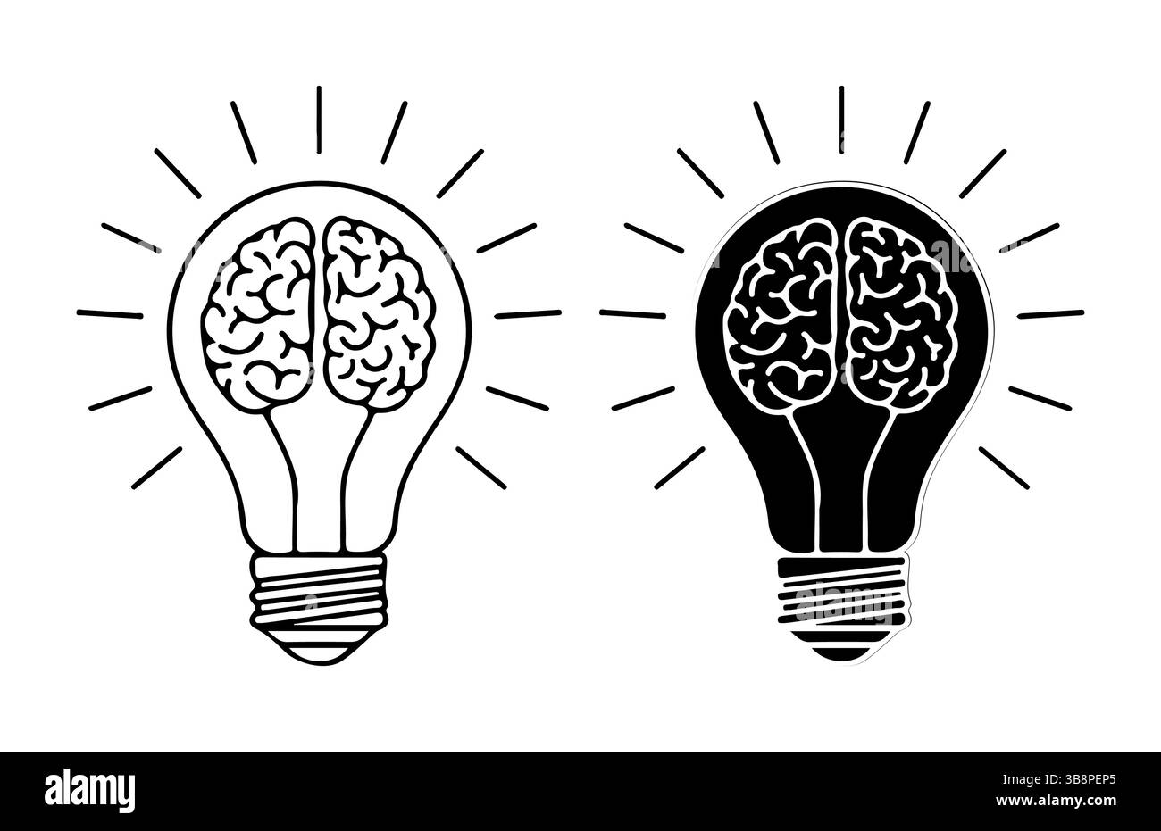 Icona cervello dentro la lampadina con contorno nero , Logo cervello lampadina , concetto di creatività e intelligenza Illustrazione Vettoriale