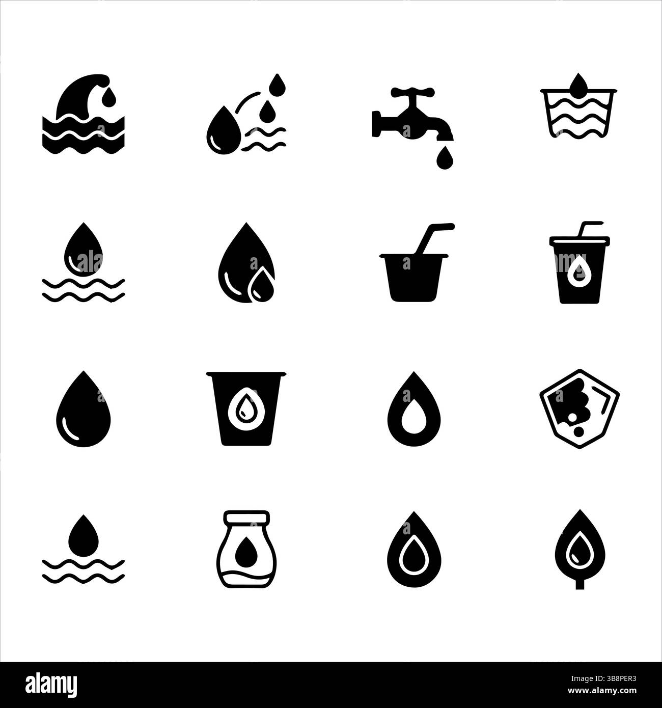 Set icone acqua. Collezione di icone della linea di gocce d'acqua ,16 icone in bianco e nero che rappresentano diversi tipi di acqua. Illustrazione Vettoriale
