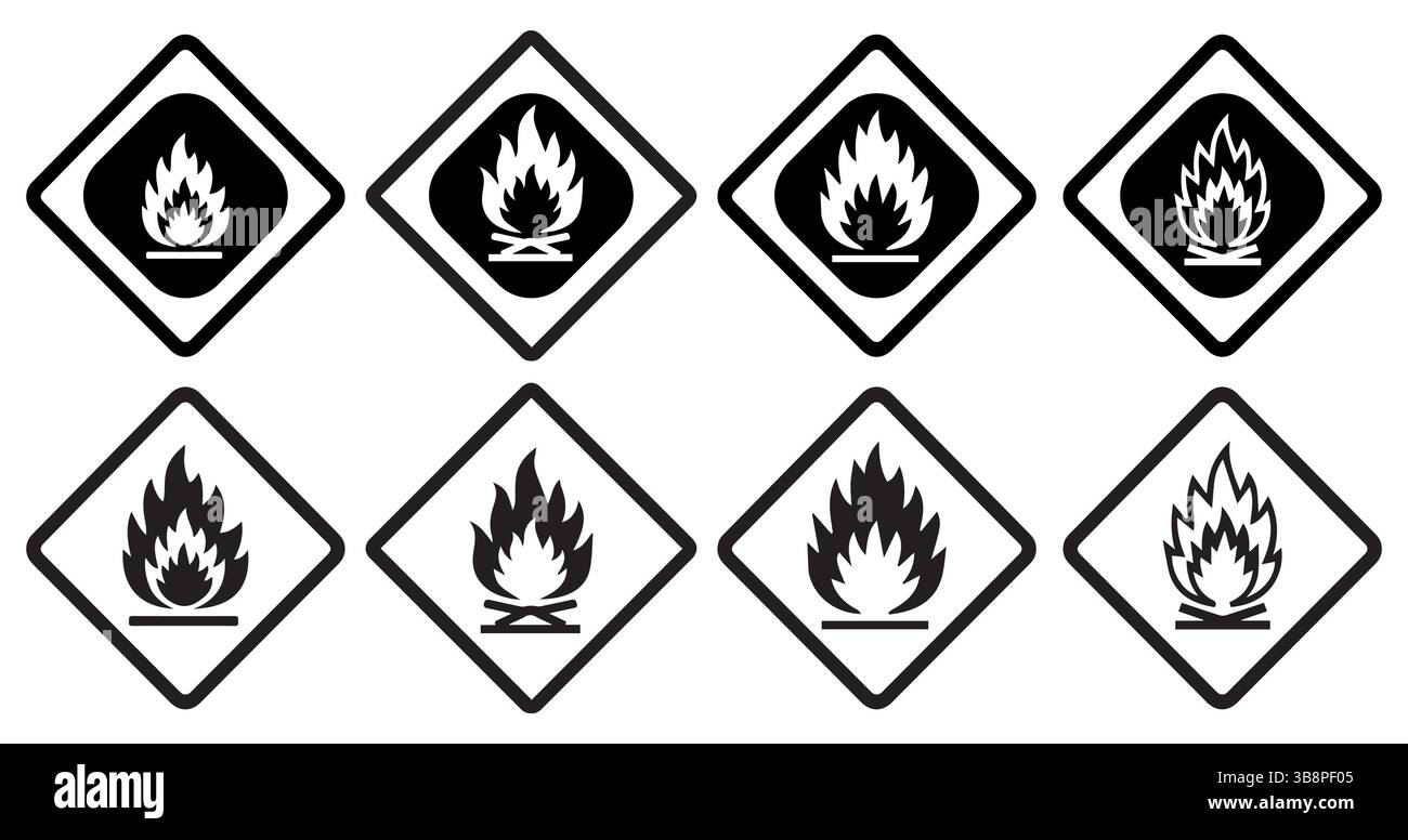 Icone di pericolo infiammabile , segnali antincendio per etichette di sicurezza ed imballaggio , CARTELLO INFIAMMABILE. Vettore Rhombus Illustrazione Vettoriale