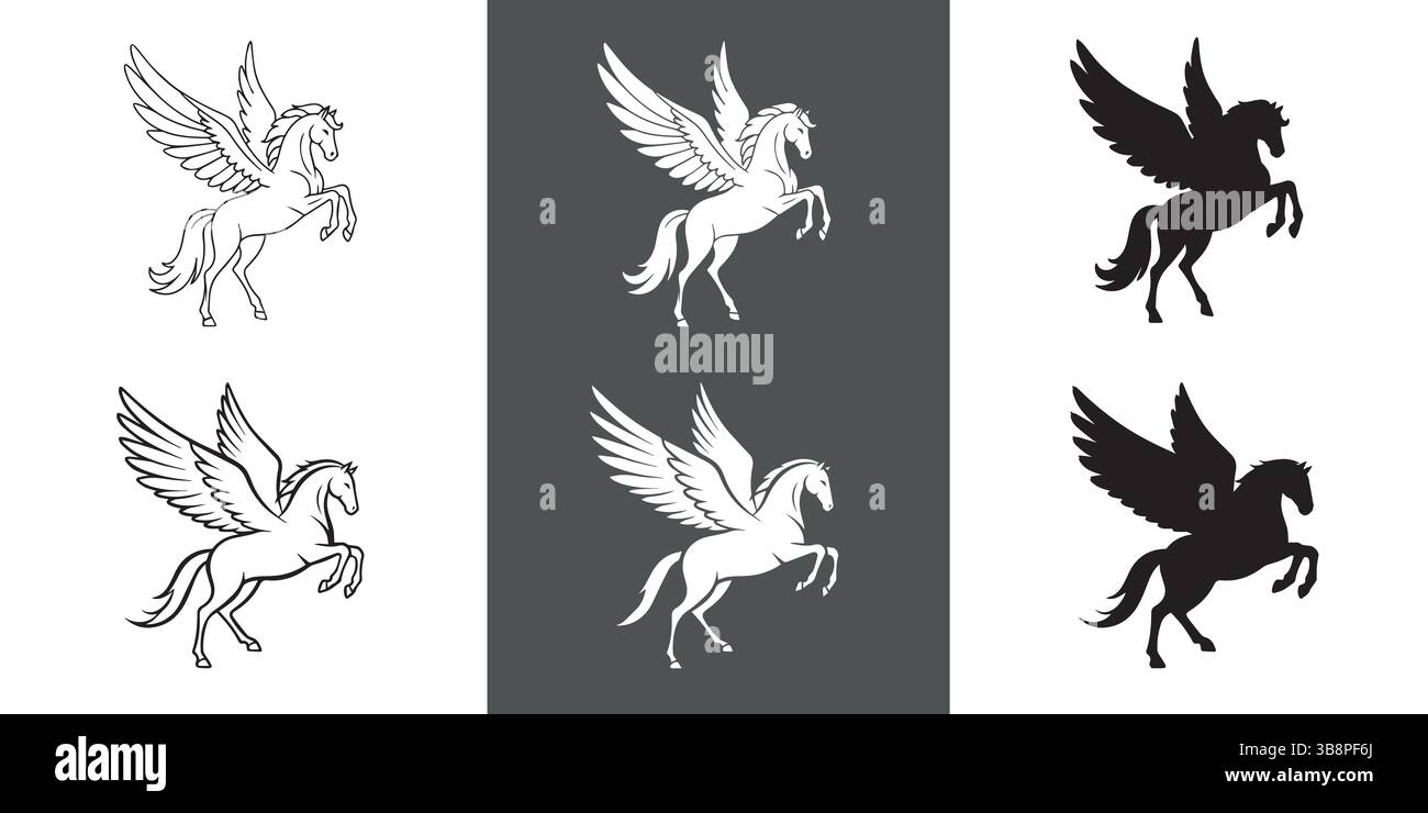 Icone di silhouette Pegasus , grafica vettoriale a cavallo alato in stili linea, solido e inverso Illustrazione Vettoriale