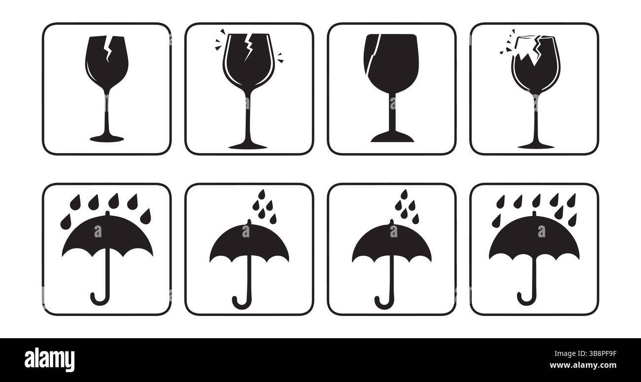 Set icone fragile e tenere asciutto , spedizione, imballaggio e movimentazione simboli raccolta , icona bicchiere rotto. Bere il simbolo della silhouette del vino, tenere asciutto Illustrazione Vettoriale