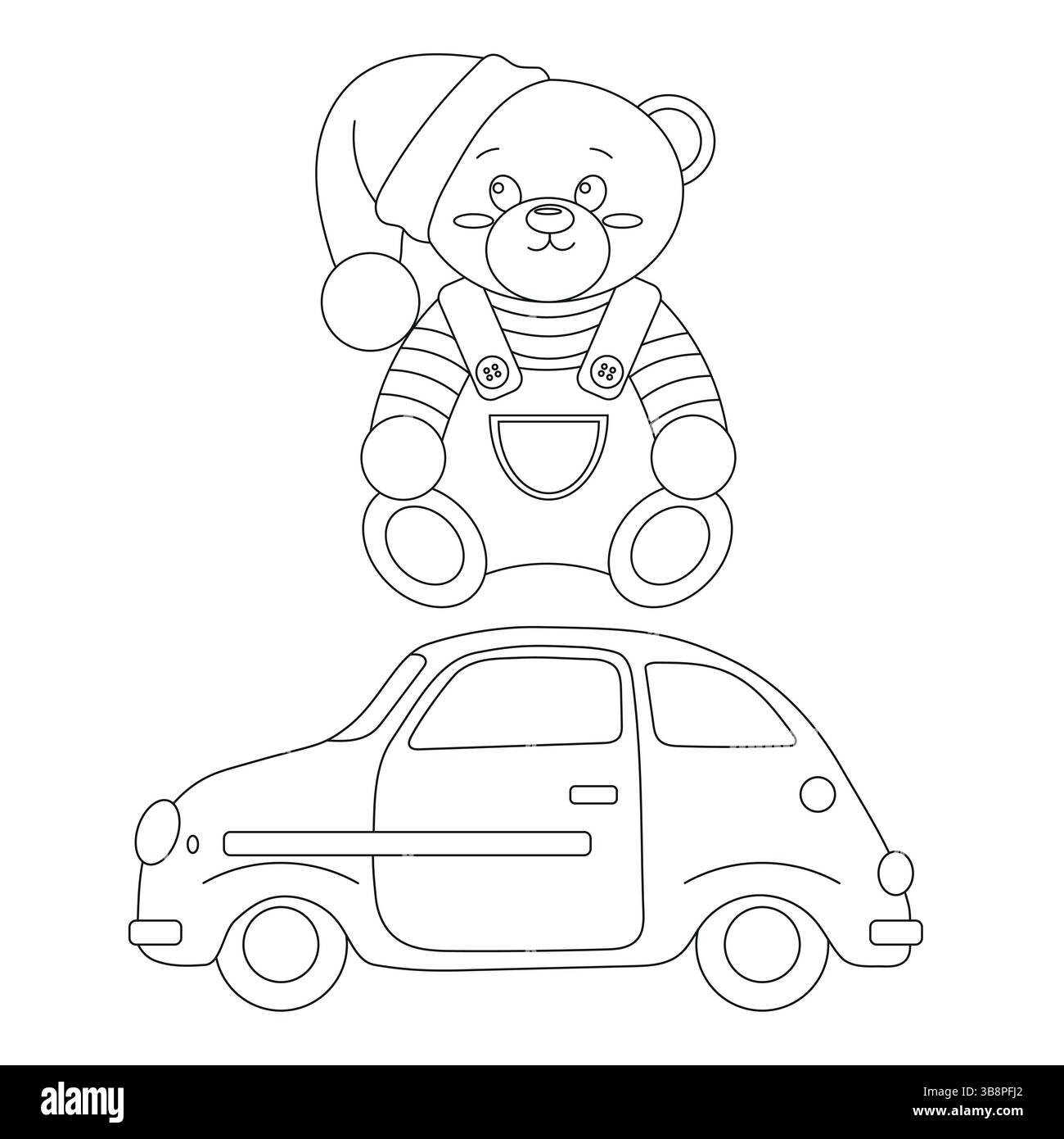 Linea vettoriale con auto, orsacchiotto in berretto. Illustrazione del disegno a mano vettoriale. Libro colori Illustrazione Vettoriale