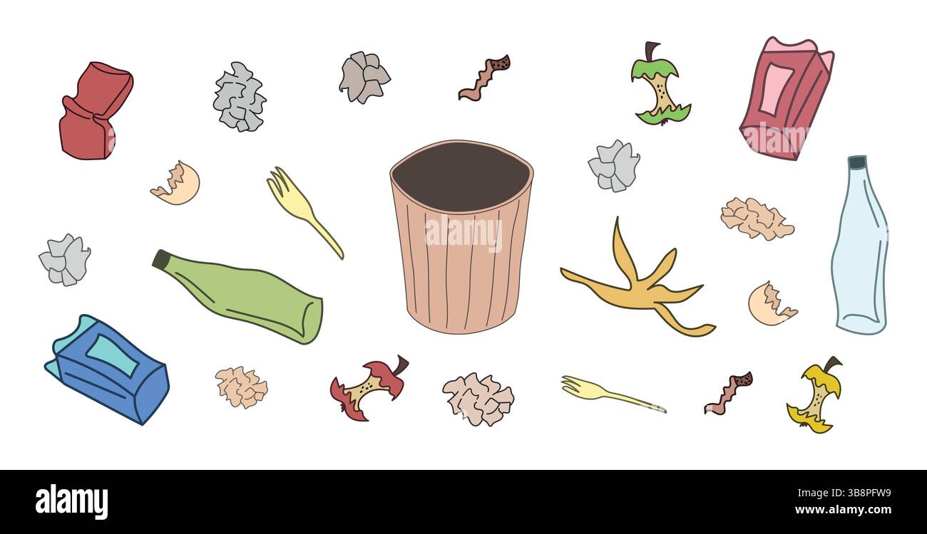 Set di cestino con vari articoli per i rifiuti. Carta increspata, buccia di banana, nuclei di mele, bottiglie rotte. Concetto di riciclaggio, gestione dei rifiuti, e Illustrazione Vettoriale