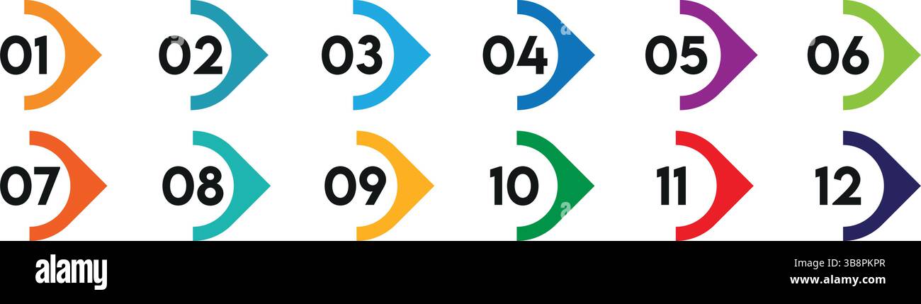 Punti elenco numerici astratti con frecce di direzione colorate. Gruppo vettoriale per elenco ed evidenziare il progetto. Illustrazione Vettoriale