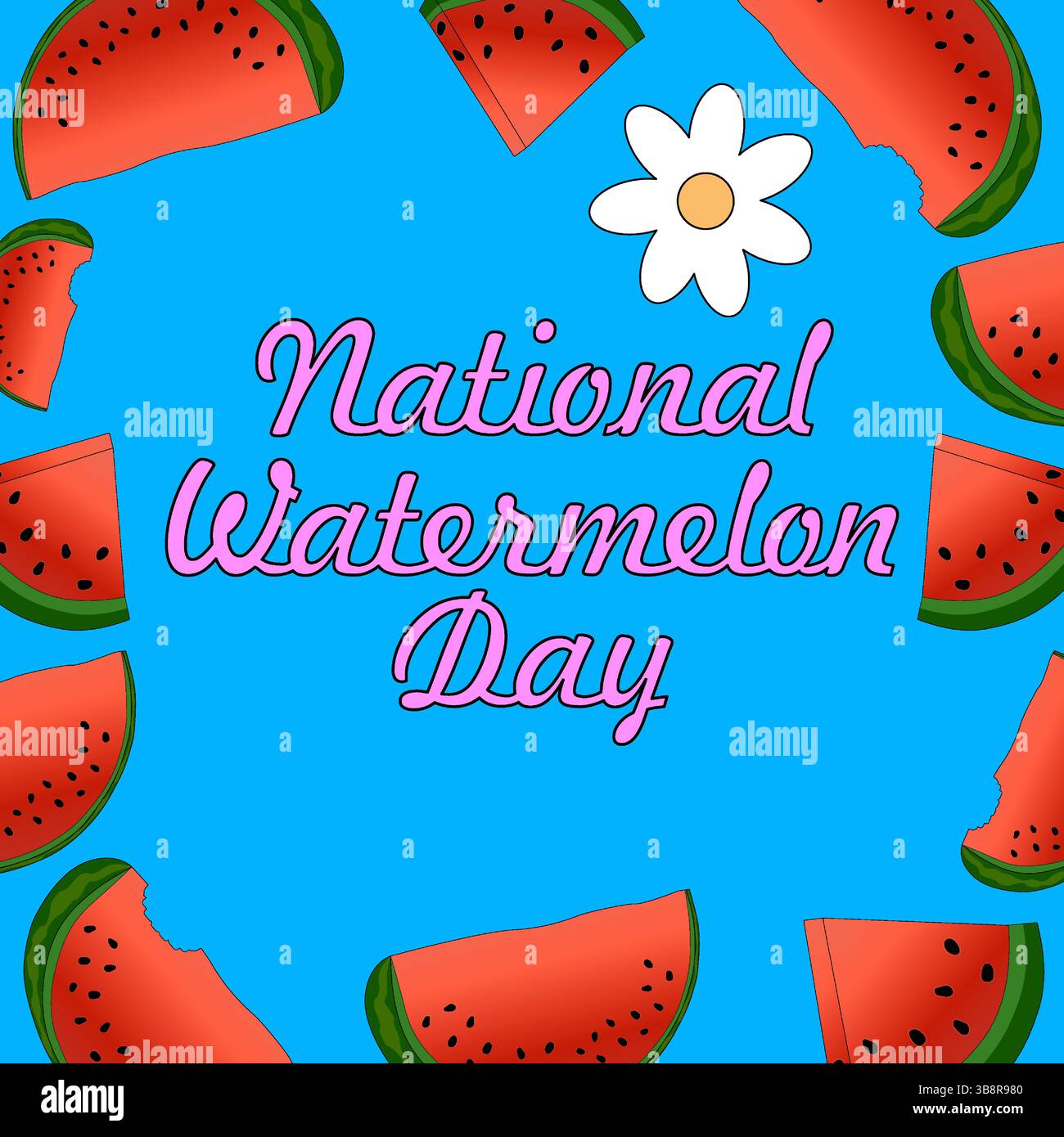 Illustrazione fresca dell'estate con succose fette di anguria e fiori a margherita su sfondo blu. Morso. Iscrizione National Watermelon Day. Ideale Illustrazione Vettoriale