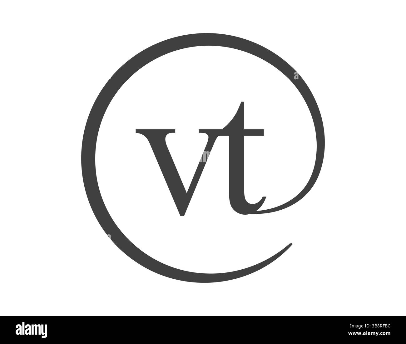 Logo VT a partire da due lettere con forma circolare e stile dei segni e-mail. Logotipo rotondo V e T della società commerciale per l'identità del marchio. Illustrazione Vettoriale