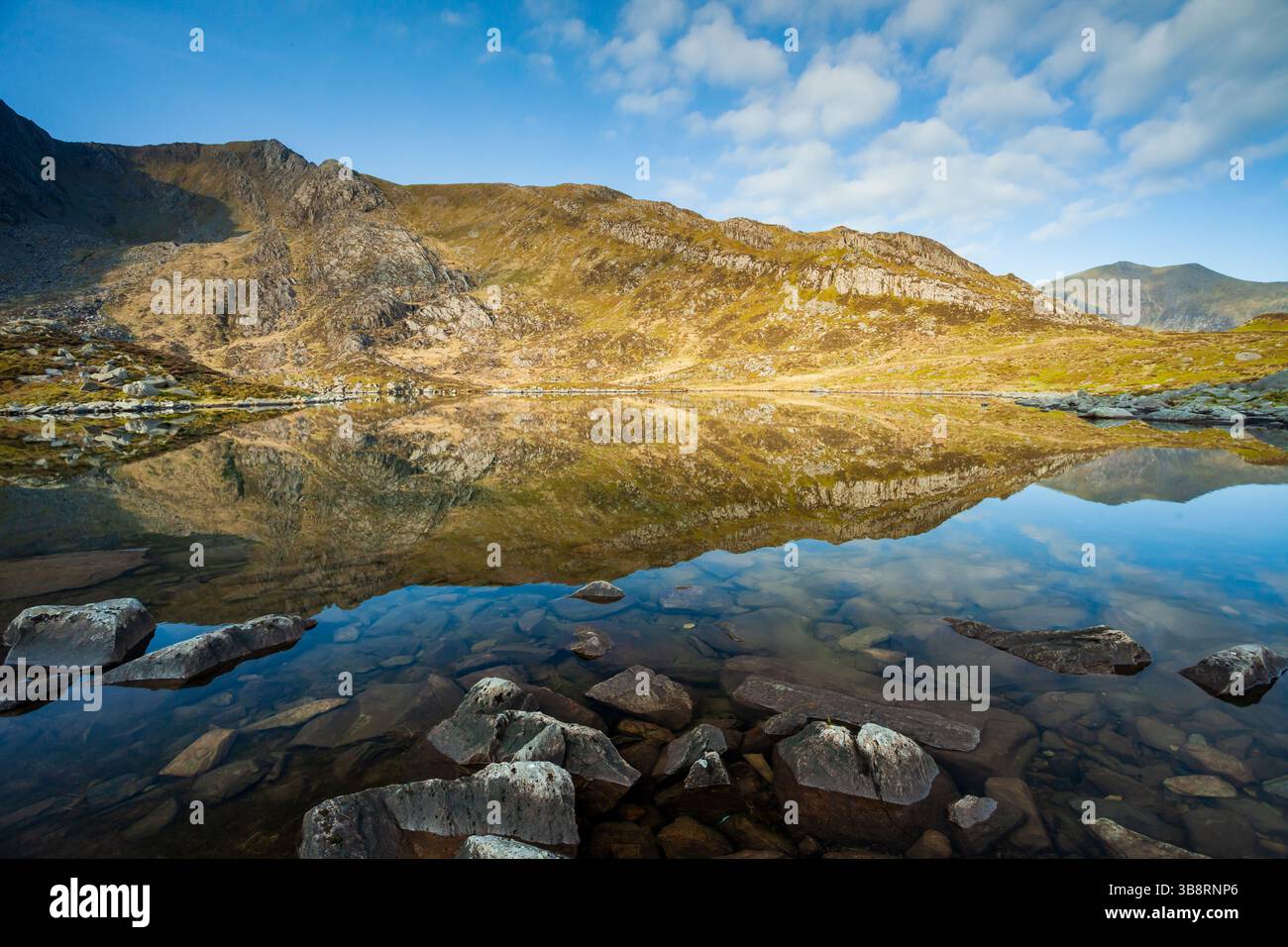 Mattina a Llyn Bochlwyd nel Parco Nazionale di Snowdonia, Galles. Foto Stock