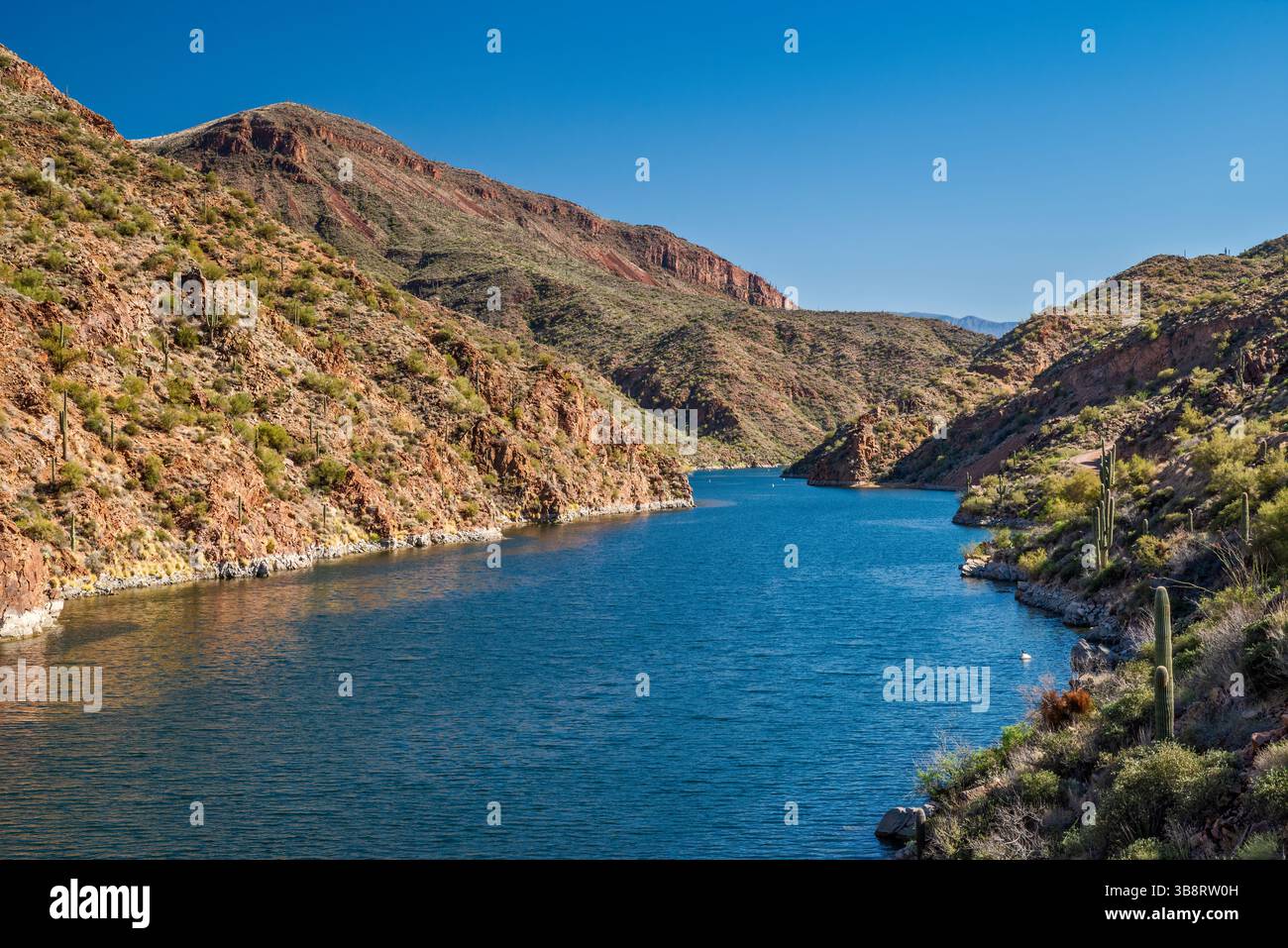 Lago Apache sul fiume Salt, vicino alla diga Theodore Roosevelt, alle montagne Mazatzal, vista dall'Apache Trail, Tonto National Forest, Arizona, USA Foto Stock