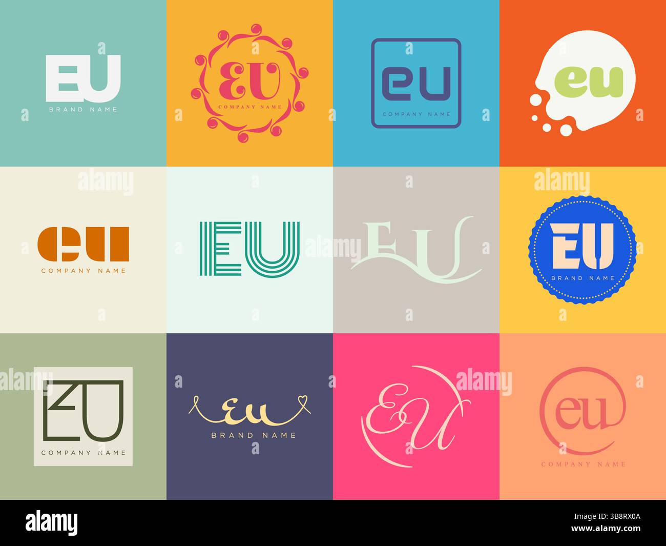 Modello dell'azienda con logo UE. Logotipo lettera e e u. Imposta diverse lettere serif classiche e testo moderno in grassetto con elementi di design. Tipog font iniziale Illustrazione Vettoriale