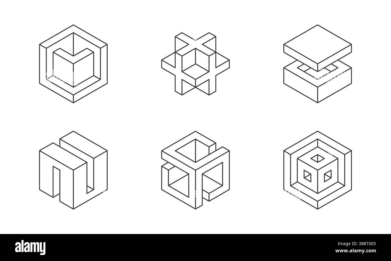 Logo Cube bianco e nero, design geometrico vettoriale. Set di logotipo Box Company, emblema tecnologico di tendenza in stile isometrico 3D. Illustrazione Vettoriale