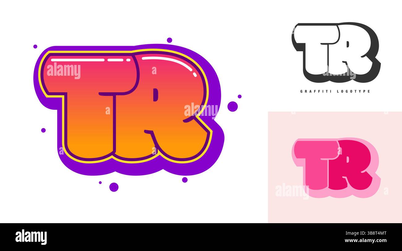 Design del logo TR per festival o feste. Lettera iniziale t e r in stile graffiti. Testo moderno creativo nome dell'azienda tipografia dei font. I bambini sono alla moda Illustrazione Vettoriale