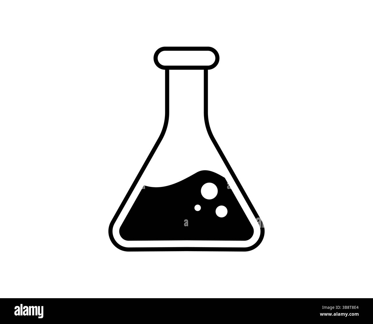 Icona nera in grassetto di un matraccio di Erlenmeyer riempito di liquido e bolle su sfondo bianco. Perfetto per la scienza, la chimica o il laboratoryrelate Illustrazione Vettoriale