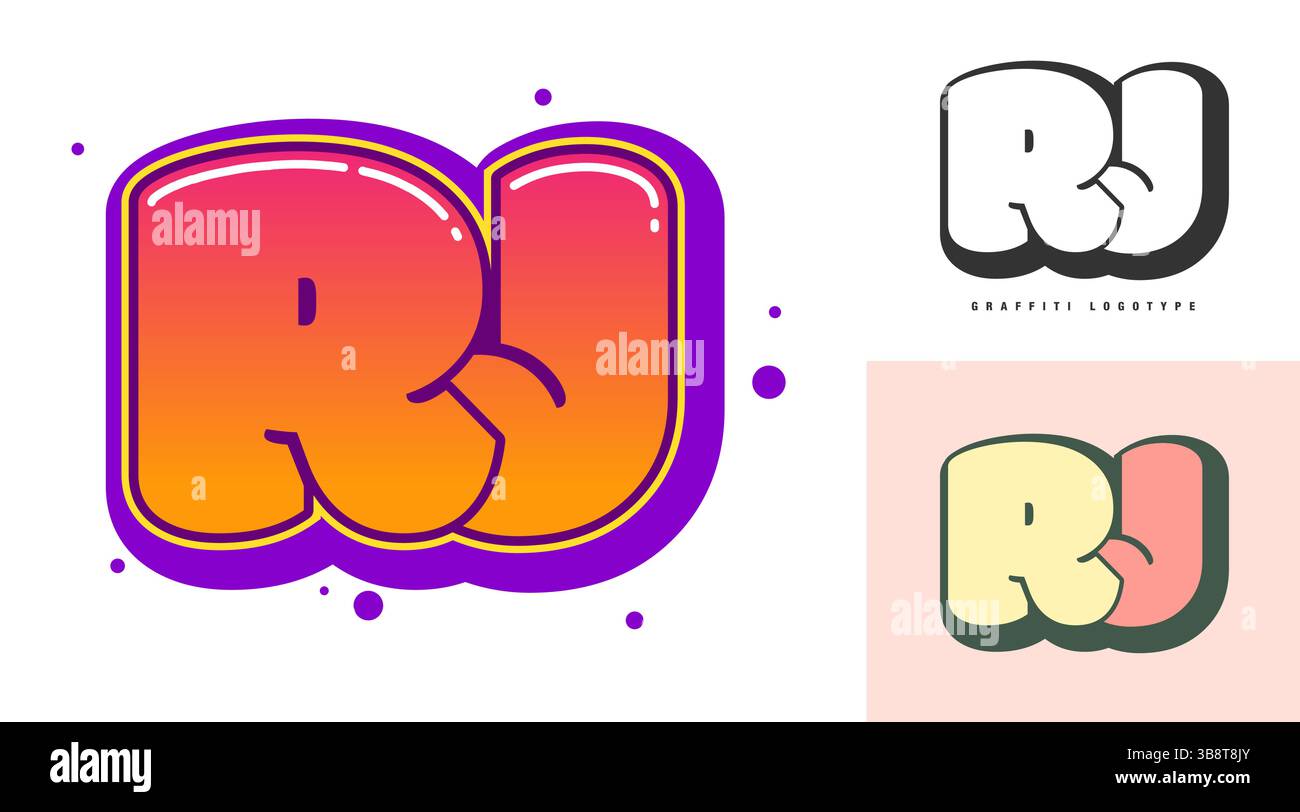 Design del logo RJ per festival o feste. Lettere iniziali r e j in stile graffiti. Testo moderno creativo nome dell'azienda tipografia dei font. I bambini sono alla moda Illustrazione Vettoriale