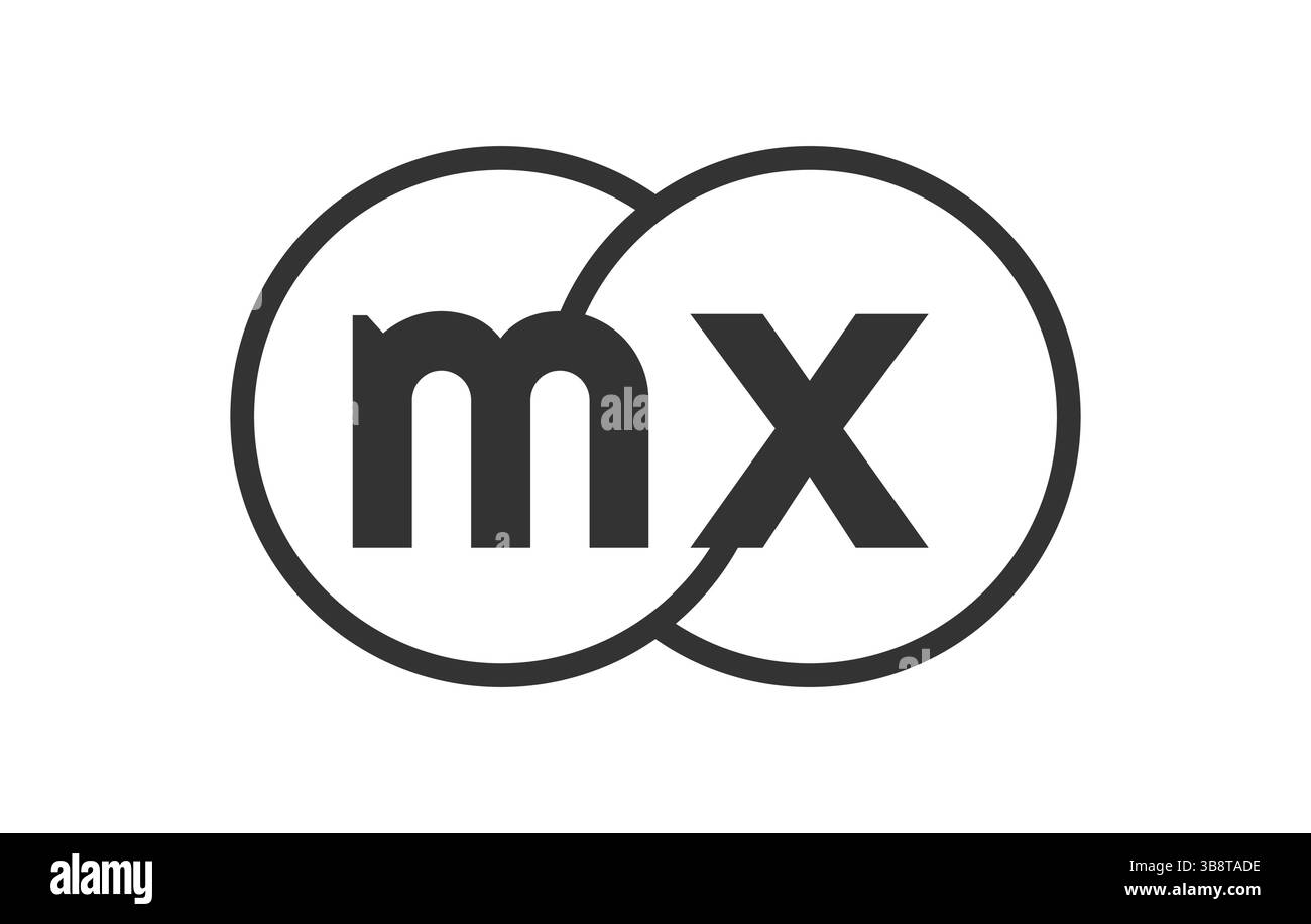 Emblema della società commerciale MX con arrotondamenti e lettere m x. modello del logo di due cerchi Uniti per l'identità del marchio e il logotipo. Simb. Infinito vettoriale Illustrazione Vettoriale