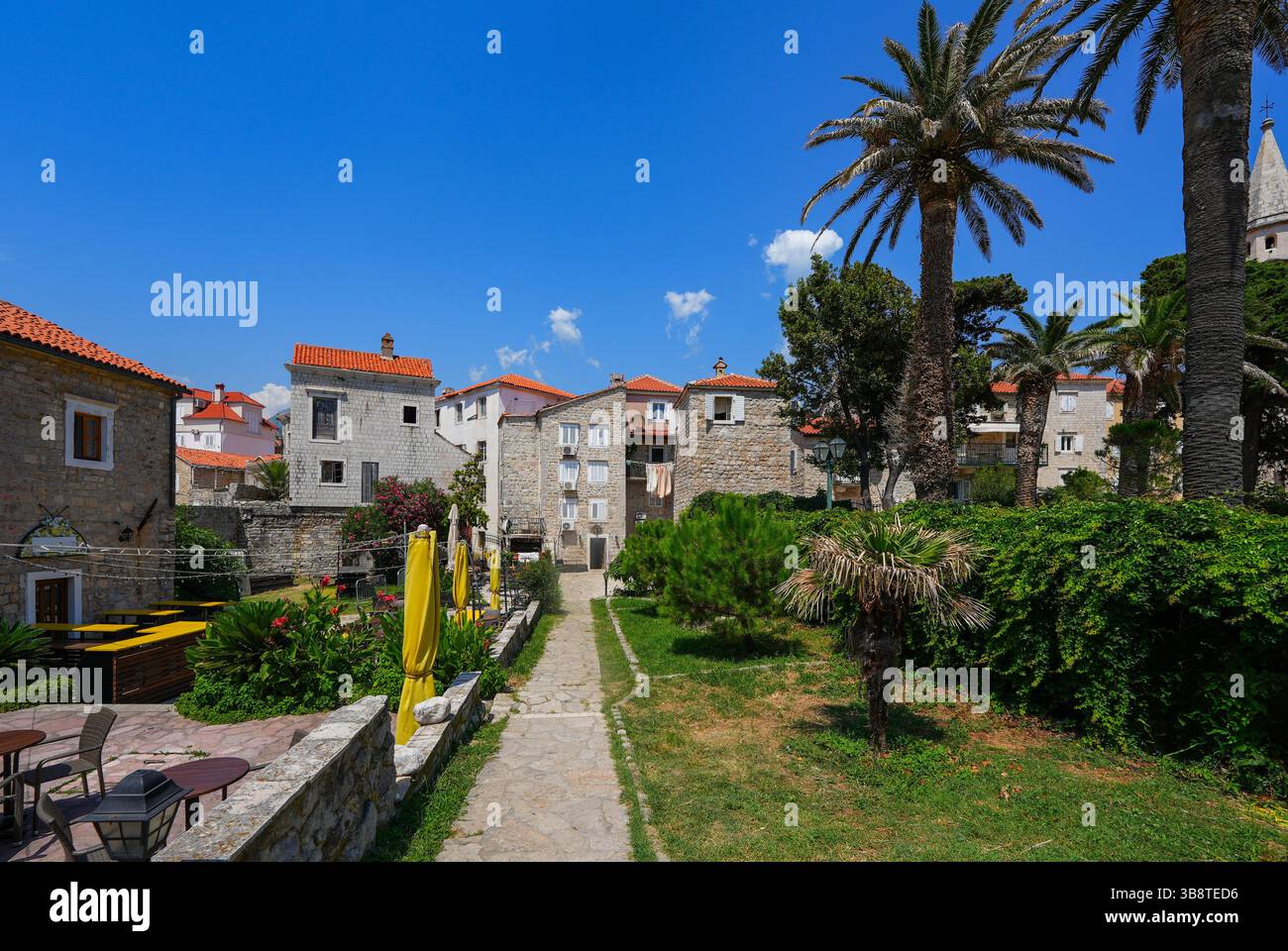 Giardino nella città vecchia di Budva, una città costiera fortificata costruita dalla Repubblica di Venezia lungo la costa del mare Adriatico in Montenegro Foto Stock