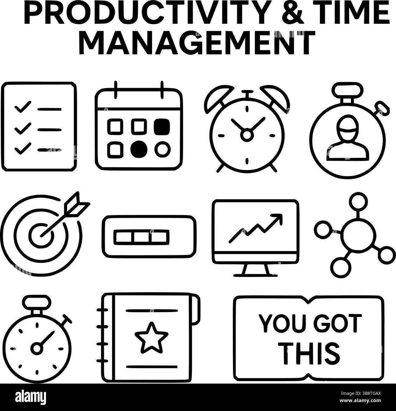 Set di icone di produttività e gestione del tempo: Pianificazione delle attività, definizione degli obiettivi e strumenti per l'efficienza Illustrazione Vettoriale