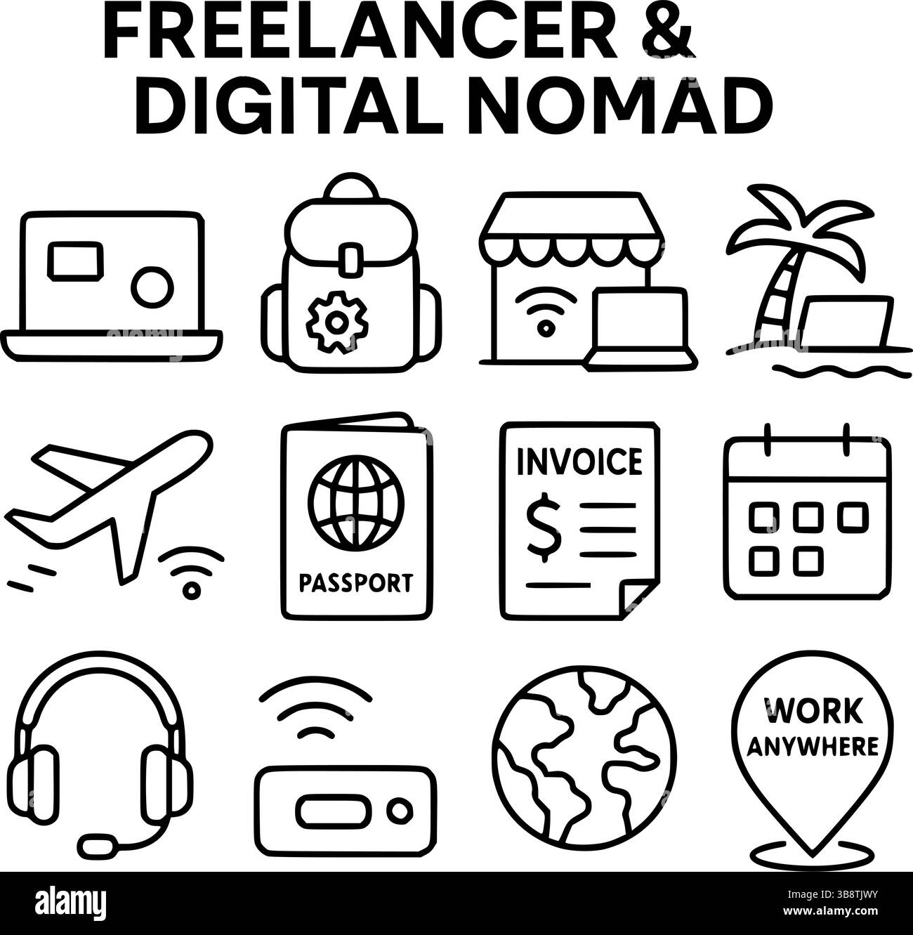 Set di icone per freelance e nomadi digitali: Lavoro remoto, viaggi e Business Essentials online Illustrazione Vettoriale