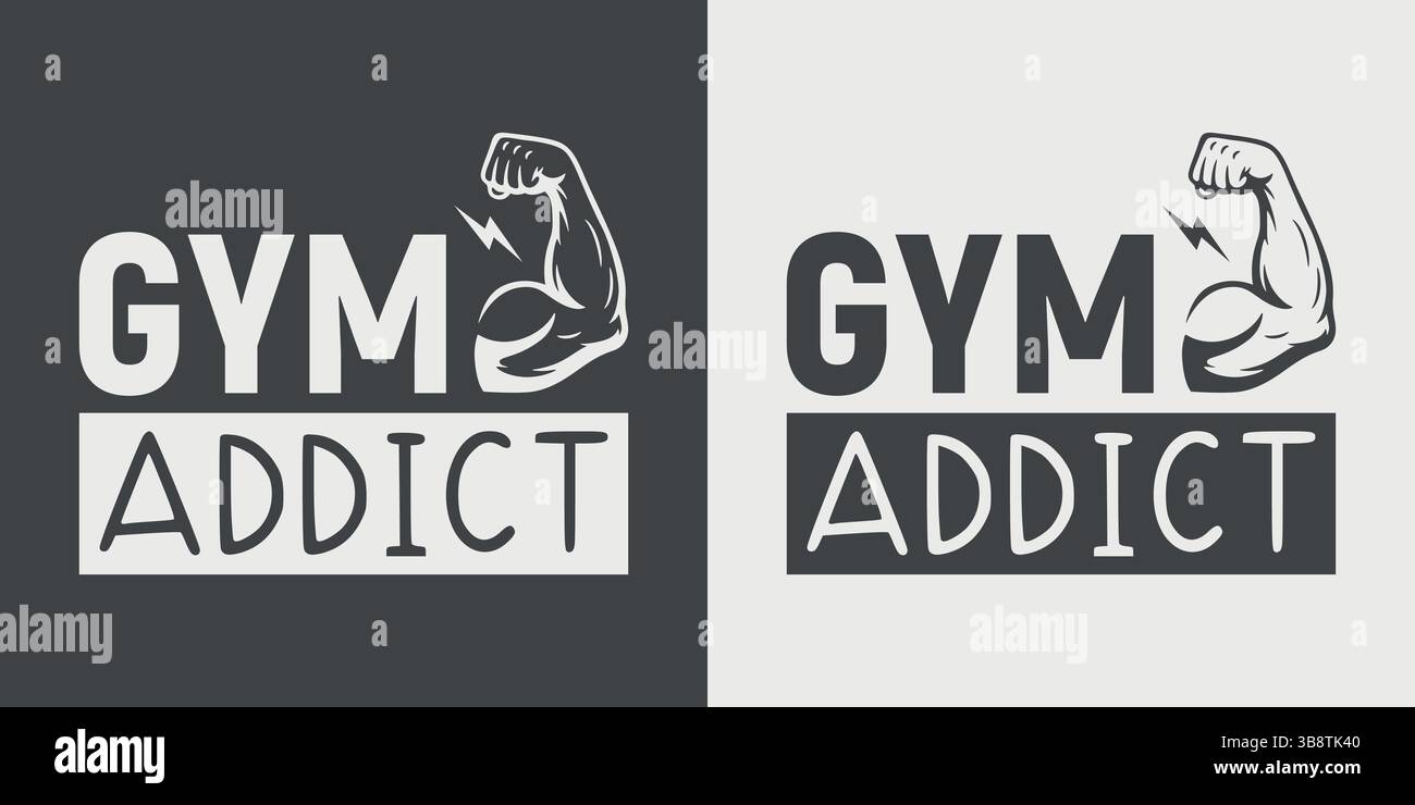 Gym Addict, Logo Design con braccio muscolare e icona Lightning Bolt. Logo fitness bold per palestra, entusiasti, allenamento, bodybuilding, poster palestra Illustrazione Vettoriale